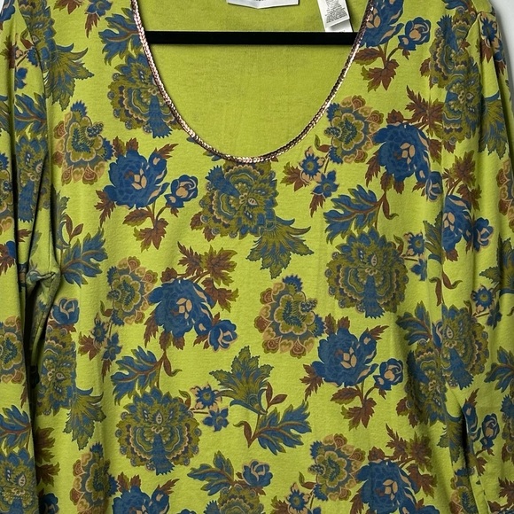 First Issue Size XL Chartreuse Bohemian Print Top Sequin Trim 3/4 Sleeve Y2K - Picture 3 of 9